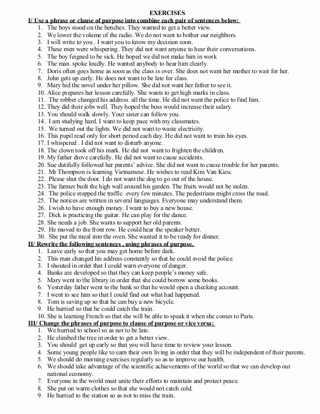 Phrase and Clause Worksheet Inspirational Exercises Of Phrases and Clauses Of Purpose Grade 8 Very Hot
