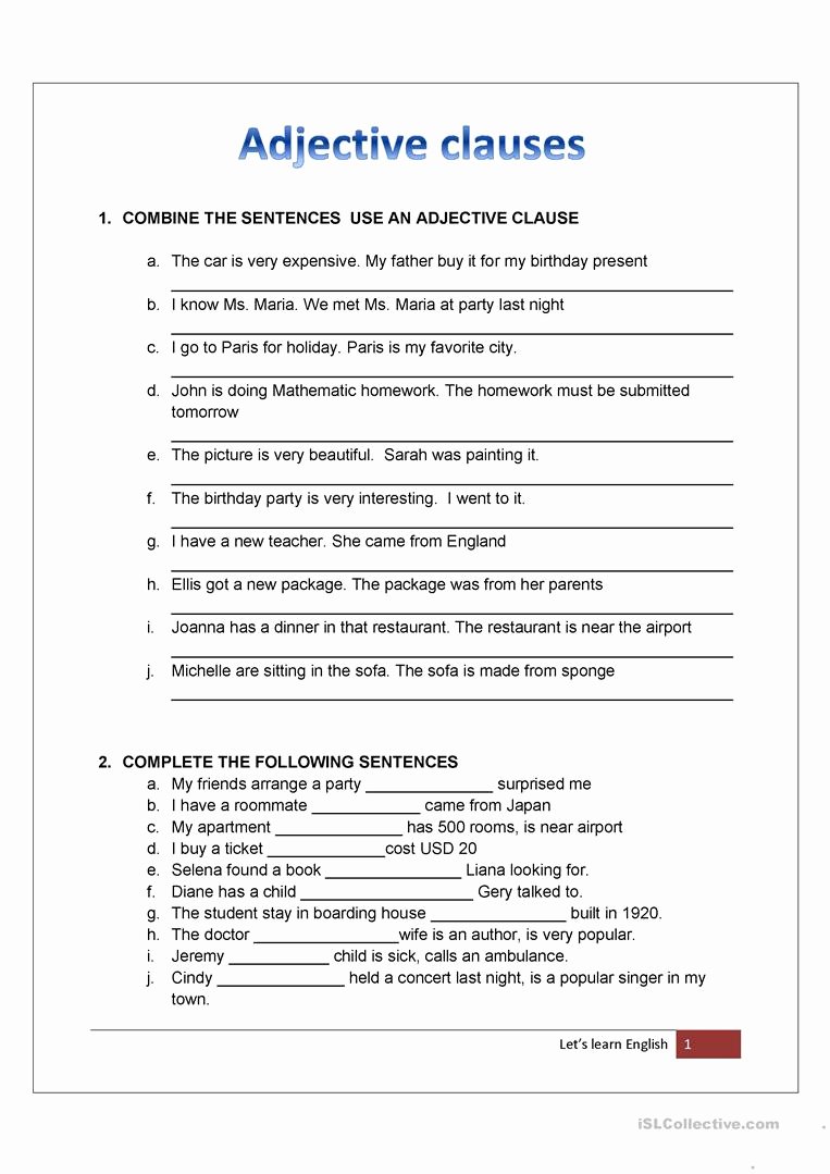 Phrase and Clause Worksheet Lovely 9 Adjective Clause Examples Pdf