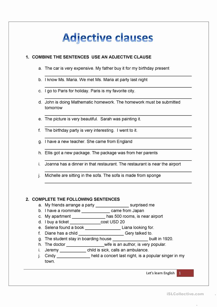 Free Printable Adjective Clauses Worksheets Pdf