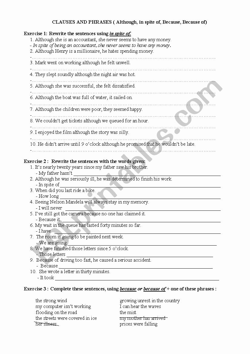 Phrase and Clause Worksheet Lovely Clauses and Phrases Esl Worksheet by Dungphuong