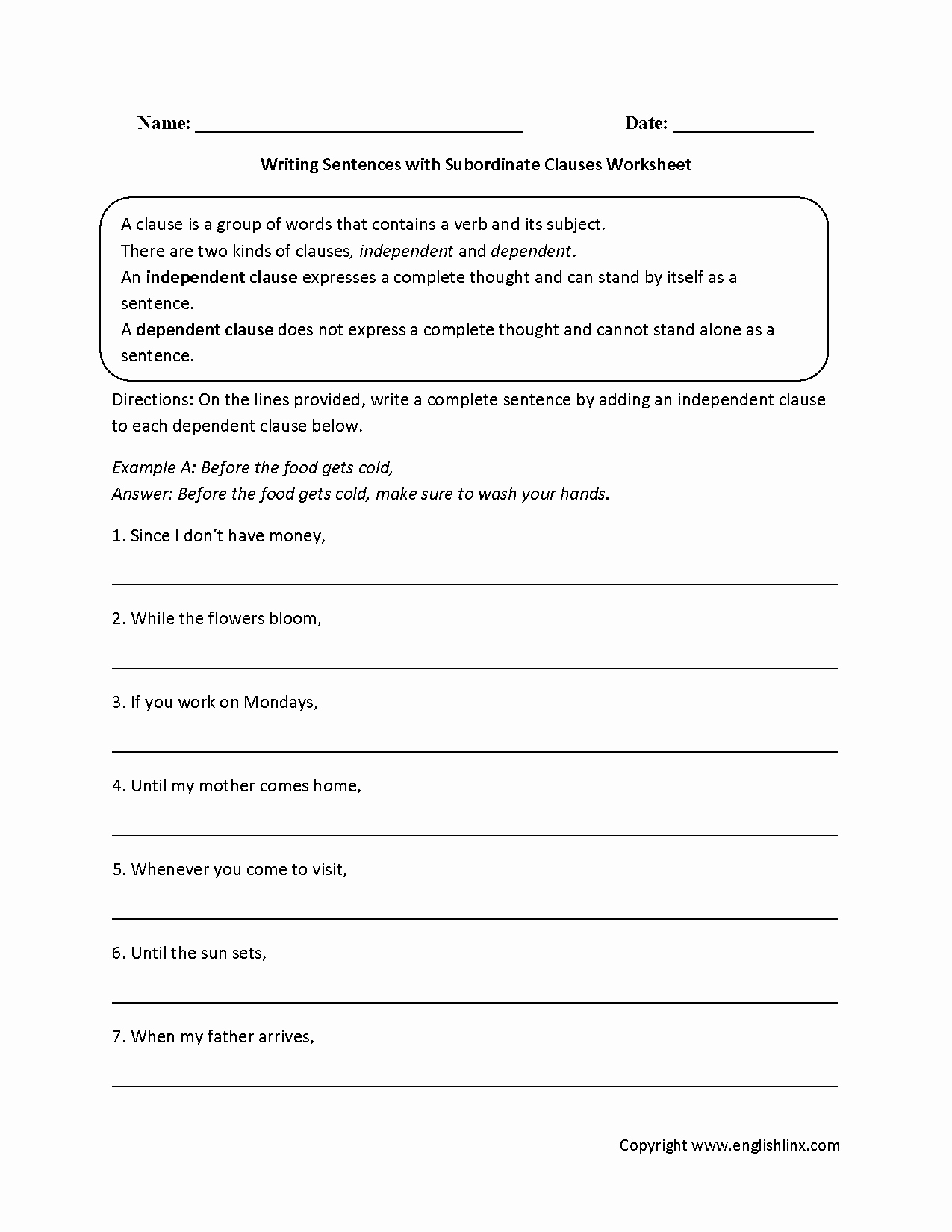 Phrase and Clause Worksheet New Writing Sentences with Subordinate Clauses Worksheet