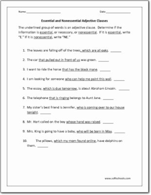Phrase and Clause Worksheet Unique Essential and Nonessential Adjective Clauses Worksheet