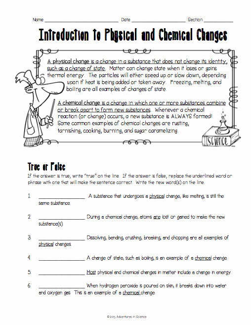 Physical and Chemical Change Worksheet Awesome Introduction to Physical and Chemical Changes Worksheet