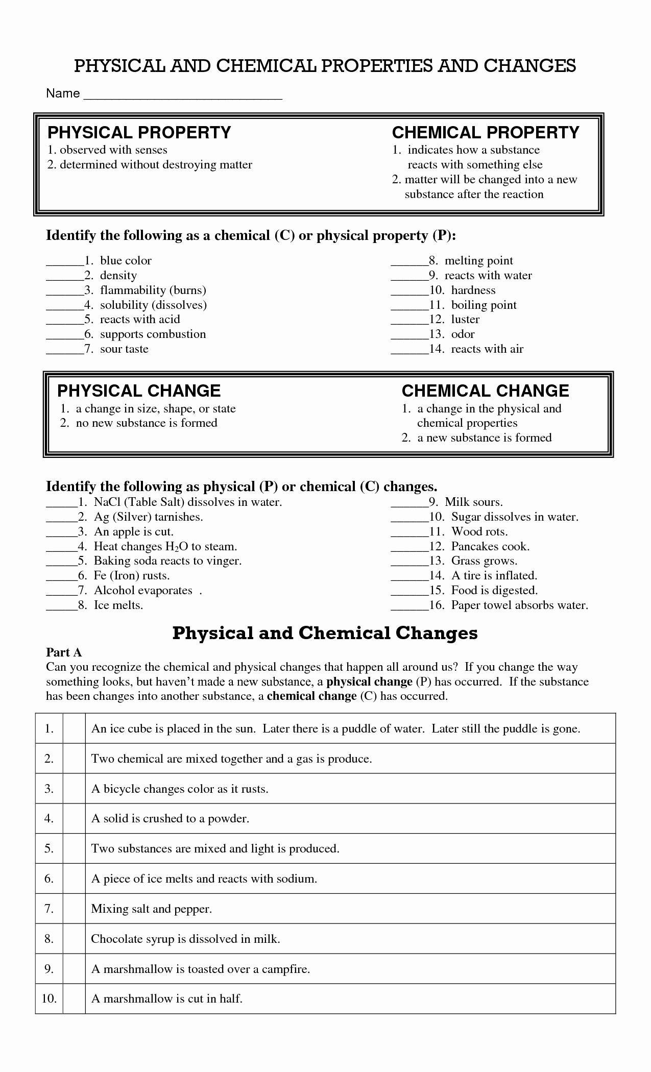 Physical and Chemical Change Worksheet Best Of 14 Best Of Physical Changes Matter Worksheets
