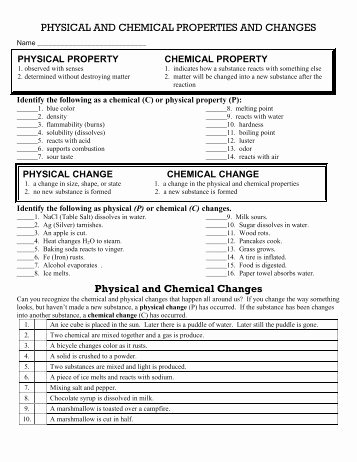 Physical and Chemical Change Worksheet Best Of Physical and Chemical Properties and Changes Worksheet 2