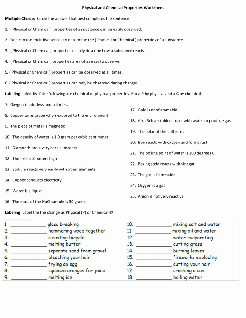 Physical and Chemical Changes Worksheet Awesome Physical and Chemical Properties Worksheet