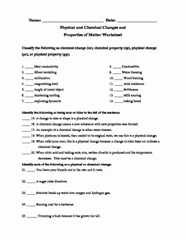 Physical and Chemical Changes Worksheet Fresh Physical and Chemical Changes and Properties Of Matter