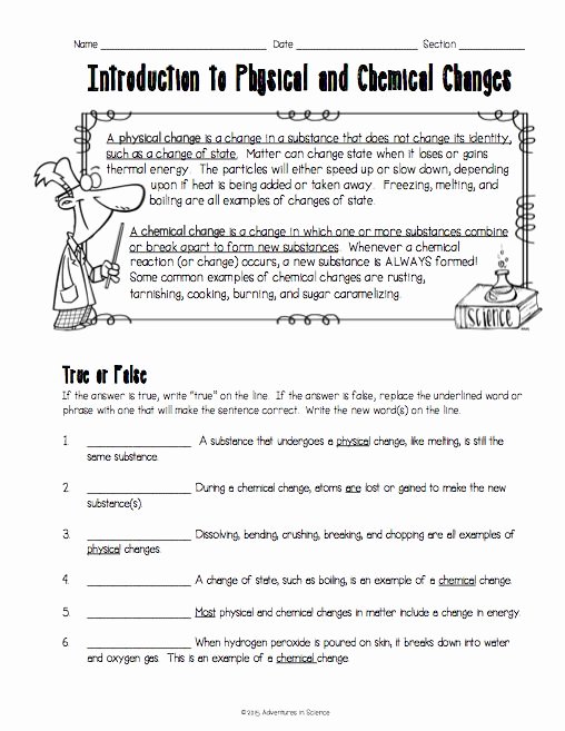 Physical and Chemical Changes Worksheet Inspirational Introduction to Physical and Chemical Changes Worksheet