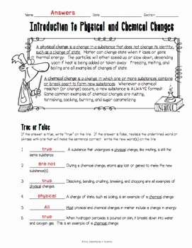 Physical and Chemical Changes Worksheet Luxury Introduction to Physical and Chemical Changes Worksheet
