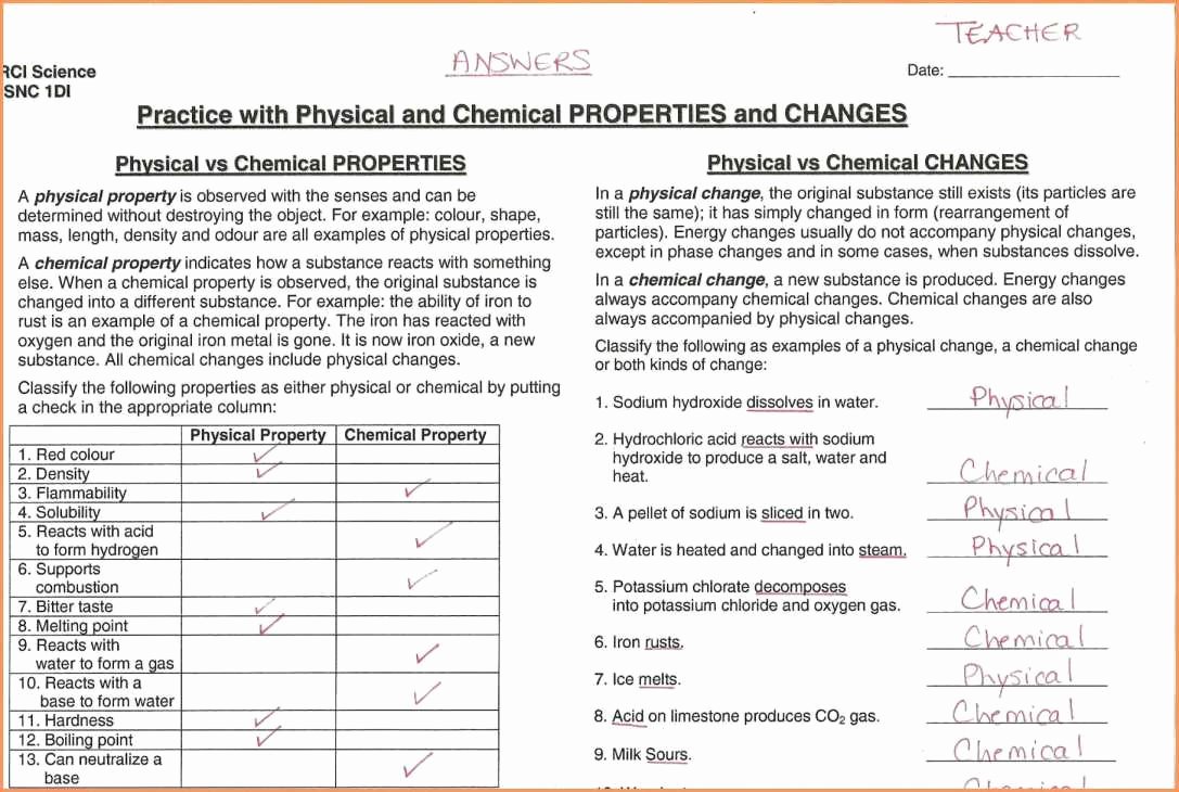 Physical and Chemical Changes Worksheet New Lovely Worksheet 2 Physical Chemical Properties Changes