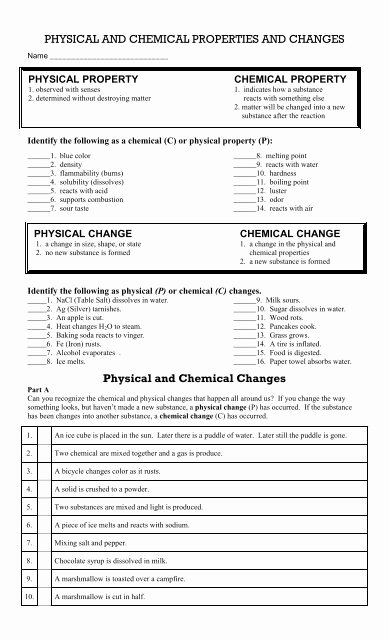 Physical and Chemical Properties Worksheet Luxury Physical and Chemical Changes Worksheet Pdf