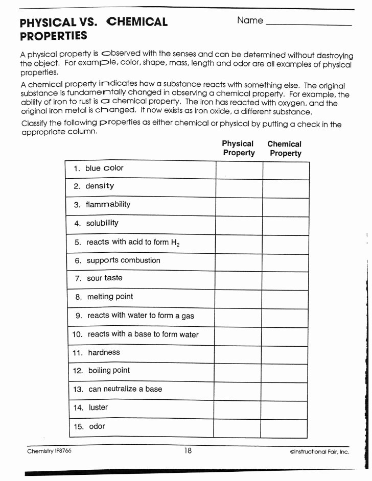 Physical and Chemical Properties Worksheet Luxury Worksheet Chemical Vs Physical Properties and Changes