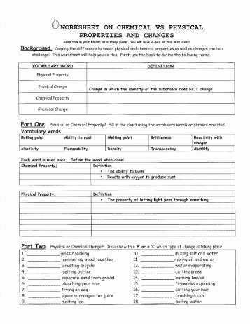 Physical and Chemical Properties Worksheet New Physical and Chemical Properties and Changes Worksheet 2