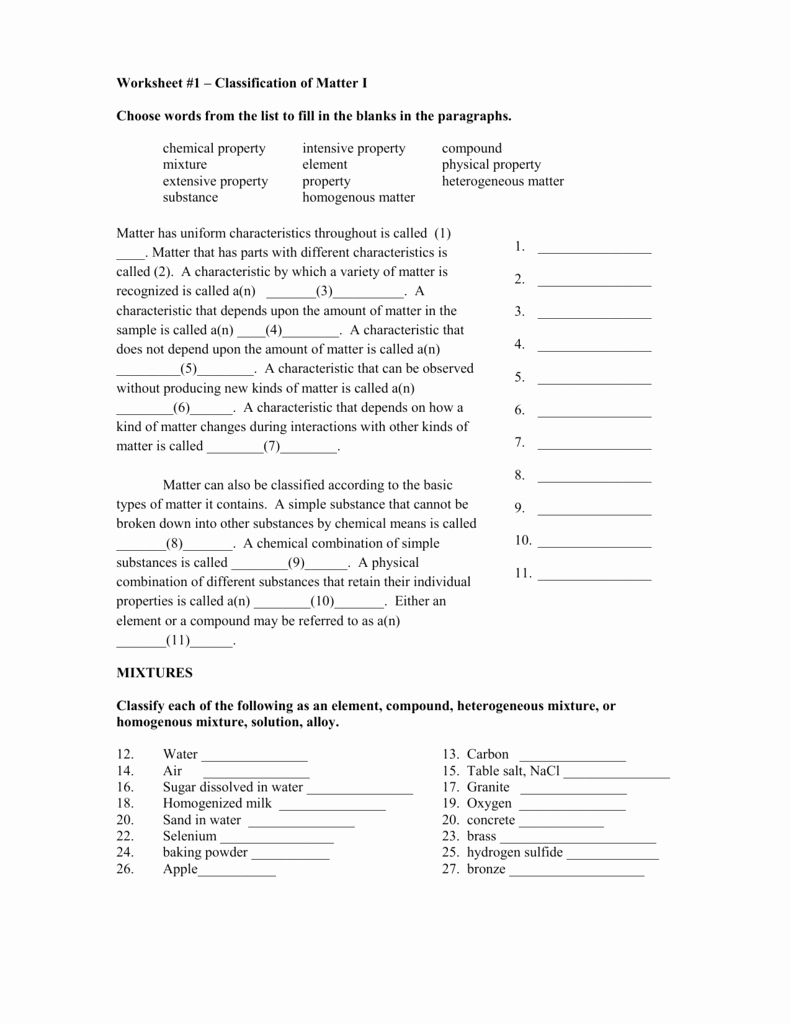 Physical Properties Of Matter Worksheet Awesome solutions Worksheet 1 Classification Matter Types