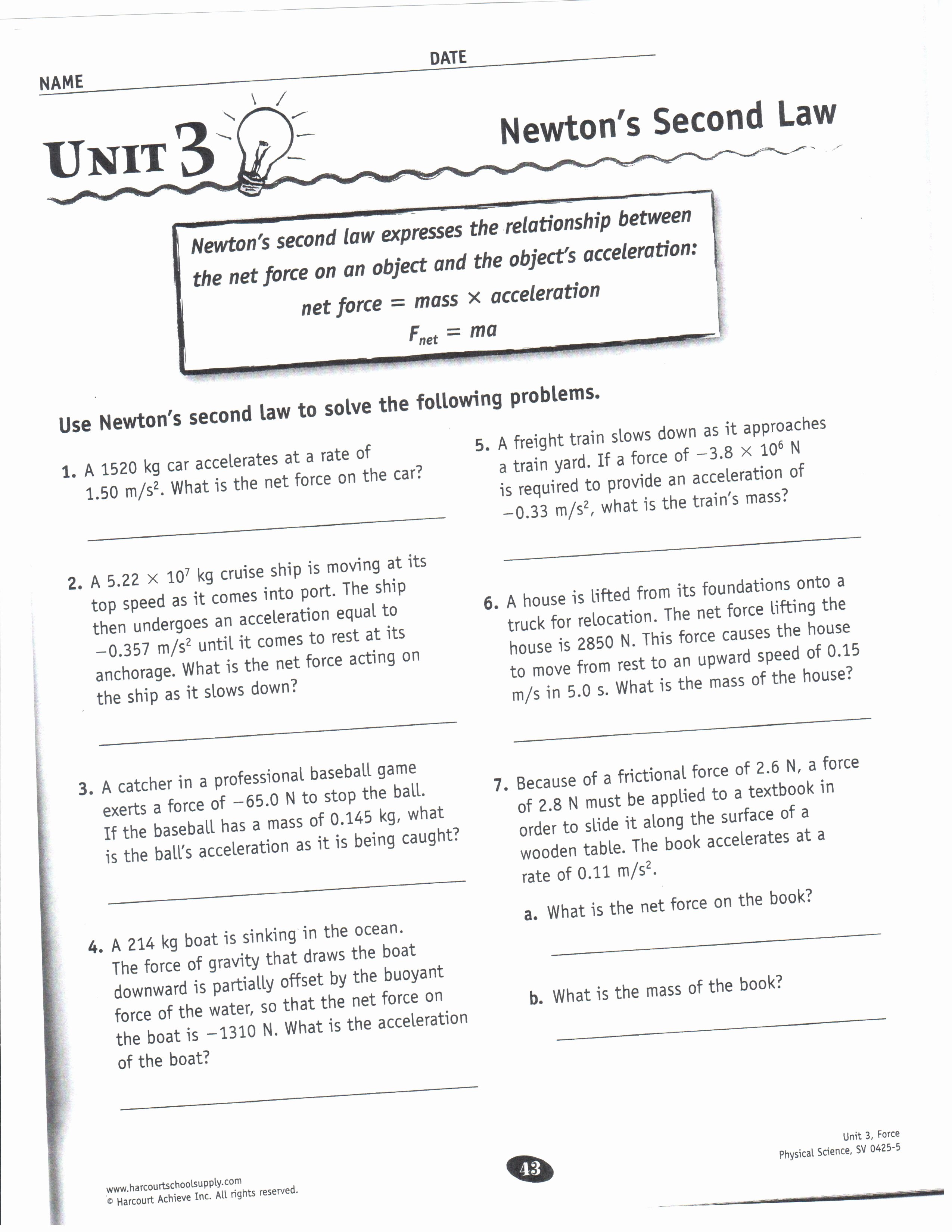 Physical Science Newton&amp;#039;s Laws Worksheet Beautiful Newton S 2nd Law Worksheet and Key