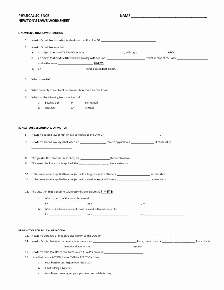 Physical Science Newton&amp;#039;s Laws Worksheet Fresh Newton S Laws Worksheet