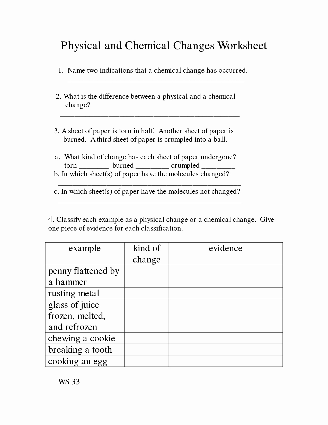 Chemical And Physical Change Worksheet