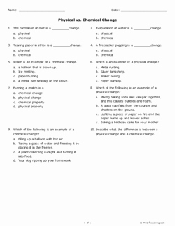 Physical Vs Chemical Changes Worksheet Awesome Physical Vs Chemical Change Grade 6 Free Printable
