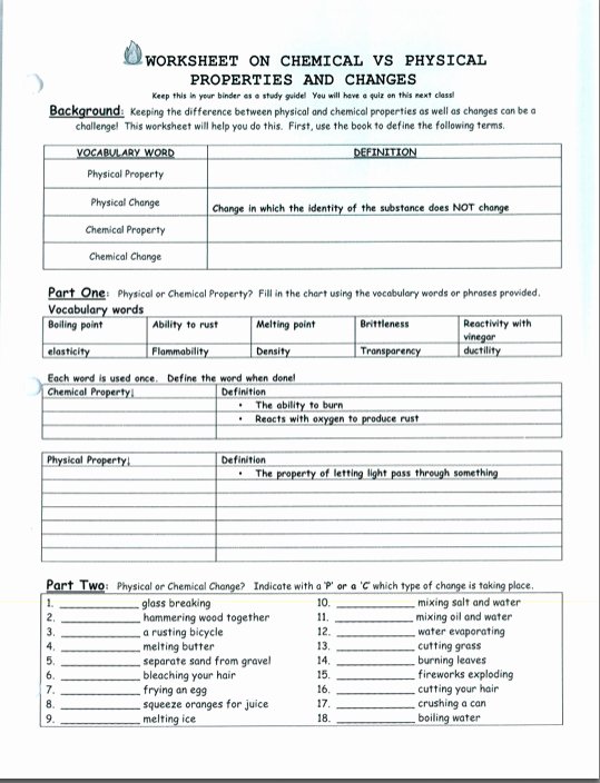 Physical Vs Chemical Changes Worksheet Beautiful Physical Vs Chemical Properties Worksheet