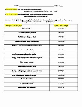 Physical Vs Chemical Changes Worksheet Fresh Physical Chemical Change Work Sheet with Answers