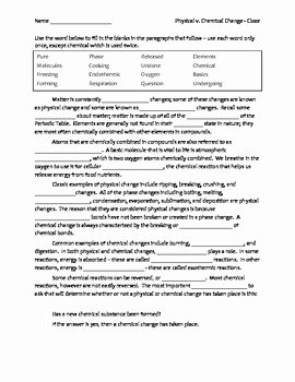 Physical Vs Chemical Changes Worksheet New Middle School Science Cloze Worksheet Physical Vs