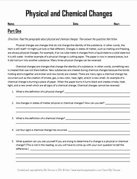 Physical Vs Chemical Changes Worksheet Unique Physical and Chemical Changes Worksheet