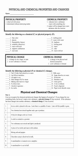 Physical Vs Chemical Properties Worksheet Inspirational Worksheet Chemical Vs Physical Properties and Changes