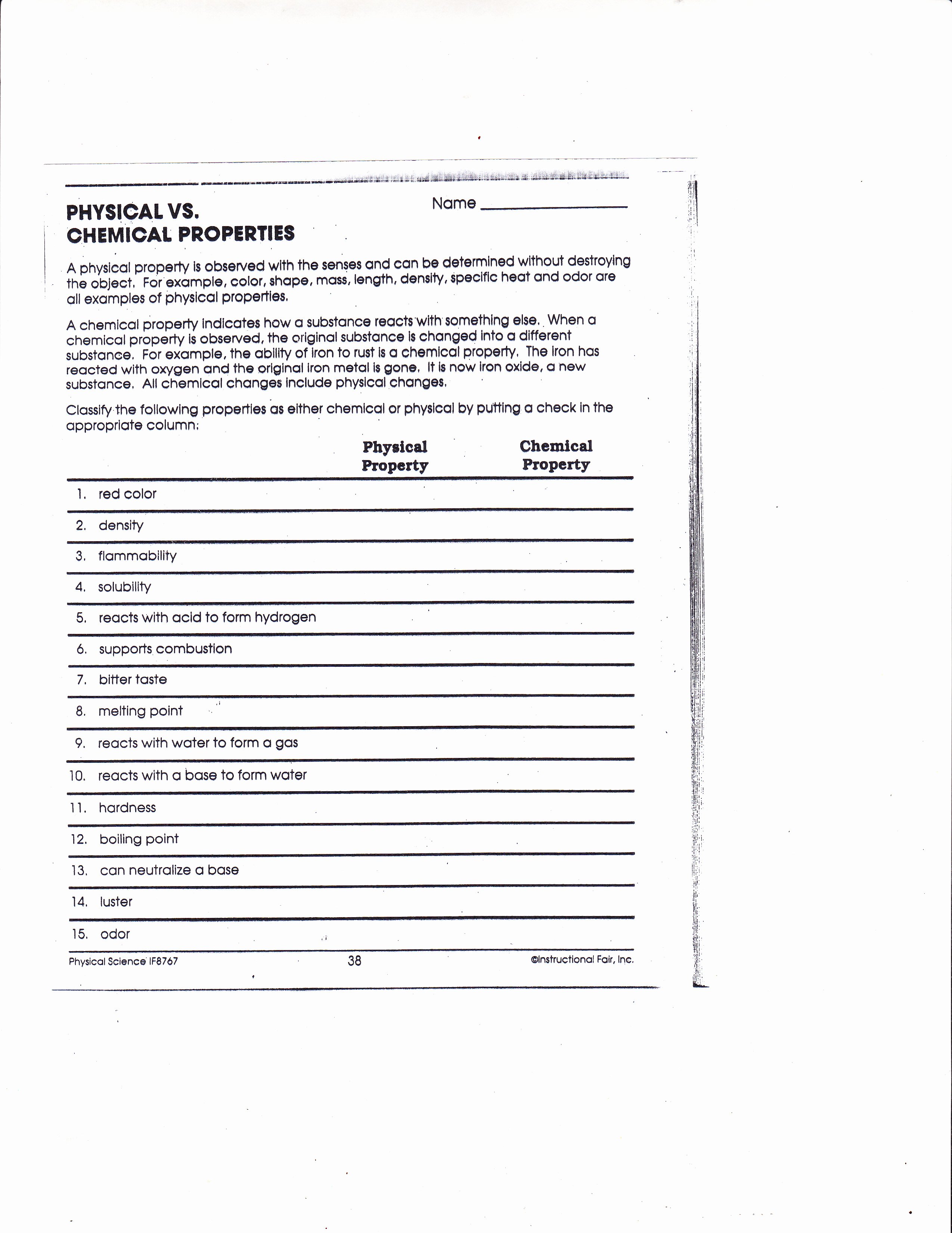 Physical Vs Chemical Properties Worksheet New Properties Of Matter Worksheet Answers Driverlayer