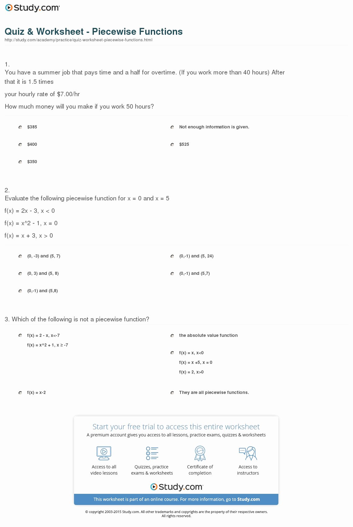 Piecewise Functions Word Problems Worksheet Lovely Quiz &amp; Worksheet Piecewise Functions