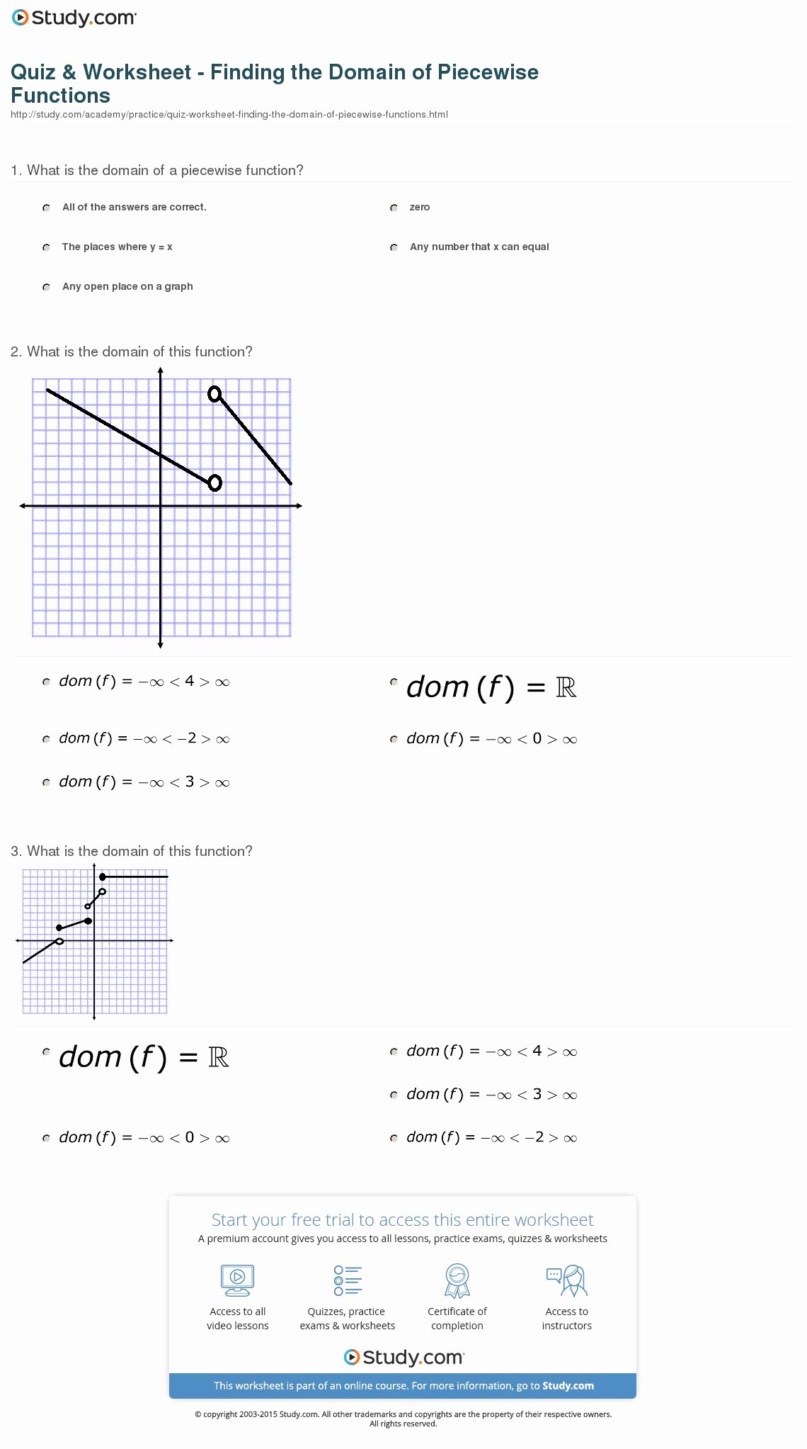 Piecewise Functions Worksheet Answer Key Awesome Quiz &amp; Worksheet Finding the Domain Of Piecewise