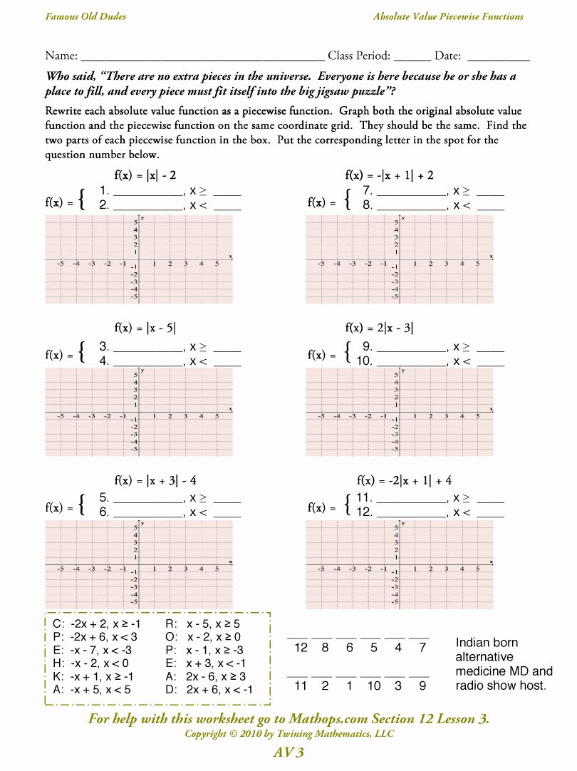 Piecewise Functions Worksheet with Answers Beautiful Av 3 Absolute Value Piecewise Functions Mathops