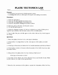Plate Boundary Worksheet Answers New Plate Tectonics Lab 7th 9th Grade Worksheet
