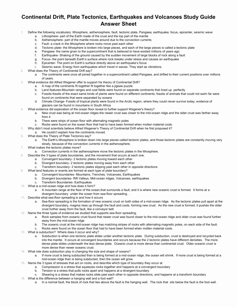 Plate Tectonic Worksheet Answers Best Of Plate Tectonics Earthquakes and Volcanoes Study Guide