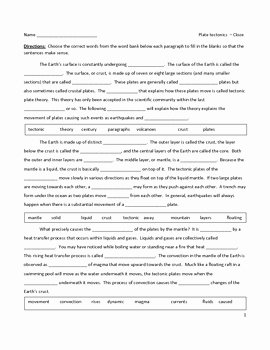 Plate Tectonics Worksheet Answer Key Unique Middle School Earth Science Cloze Worksheet Plate