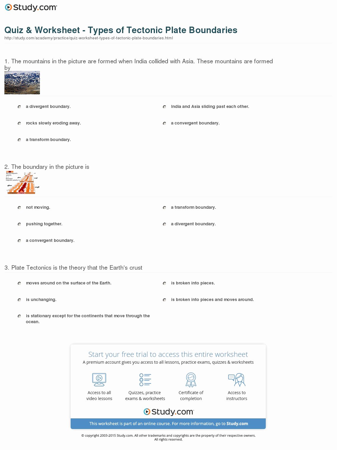 Plate Tectonics Worksheet Answers Awesome Quiz &amp; Worksheet Types Of Tectonic Plate Boundaries