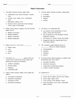 Plate Tectonics Worksheet Answers Lovely Plate Tectonics Grade 10 Free Printable Tests and