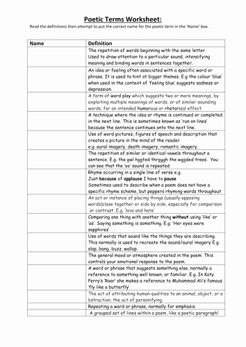 Poetic Devices Worksheet 1