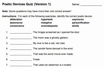 Poetic Devices Worksheet 1 Fresh Poetic Devices Quiz 3 Pack with Answer Keys Literary
