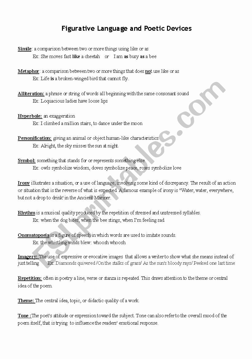 Poetic Devices Worksheet 1 Lovely Figurative Language and Poetic Device Esl Worksheet by