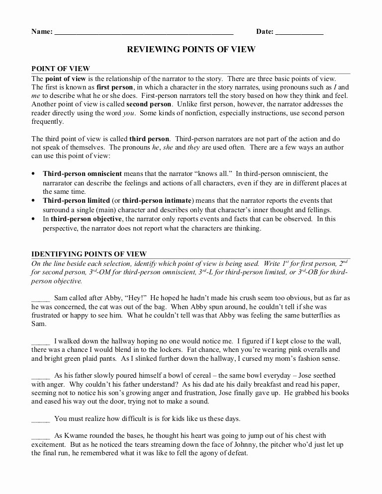 Point Of View Worksheet Beautiful Point Of View Review Worksheet