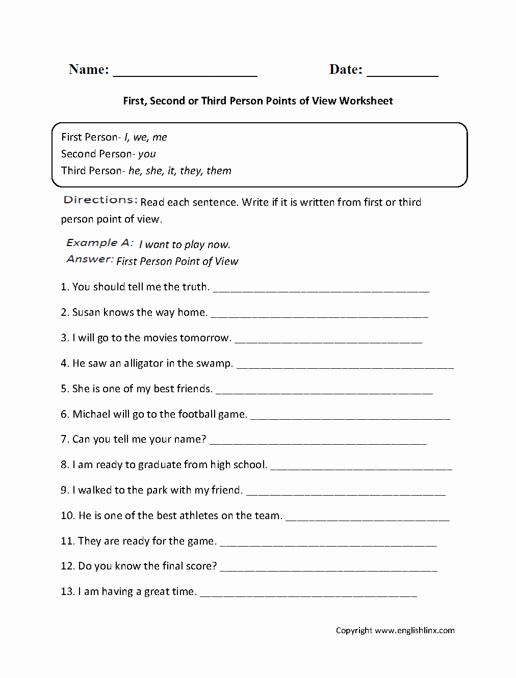 Point Of View Worksheet New Englishlinx