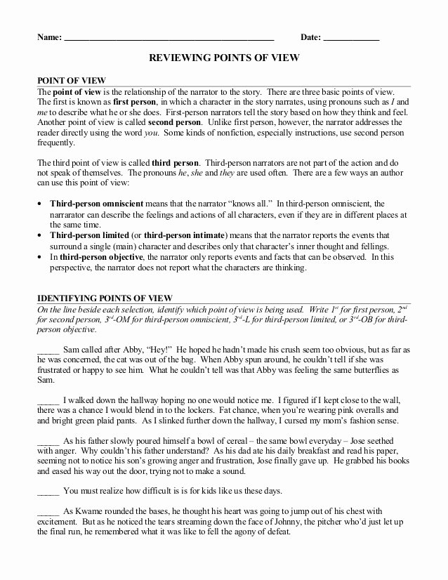 Identifying Point Of View Worksheet