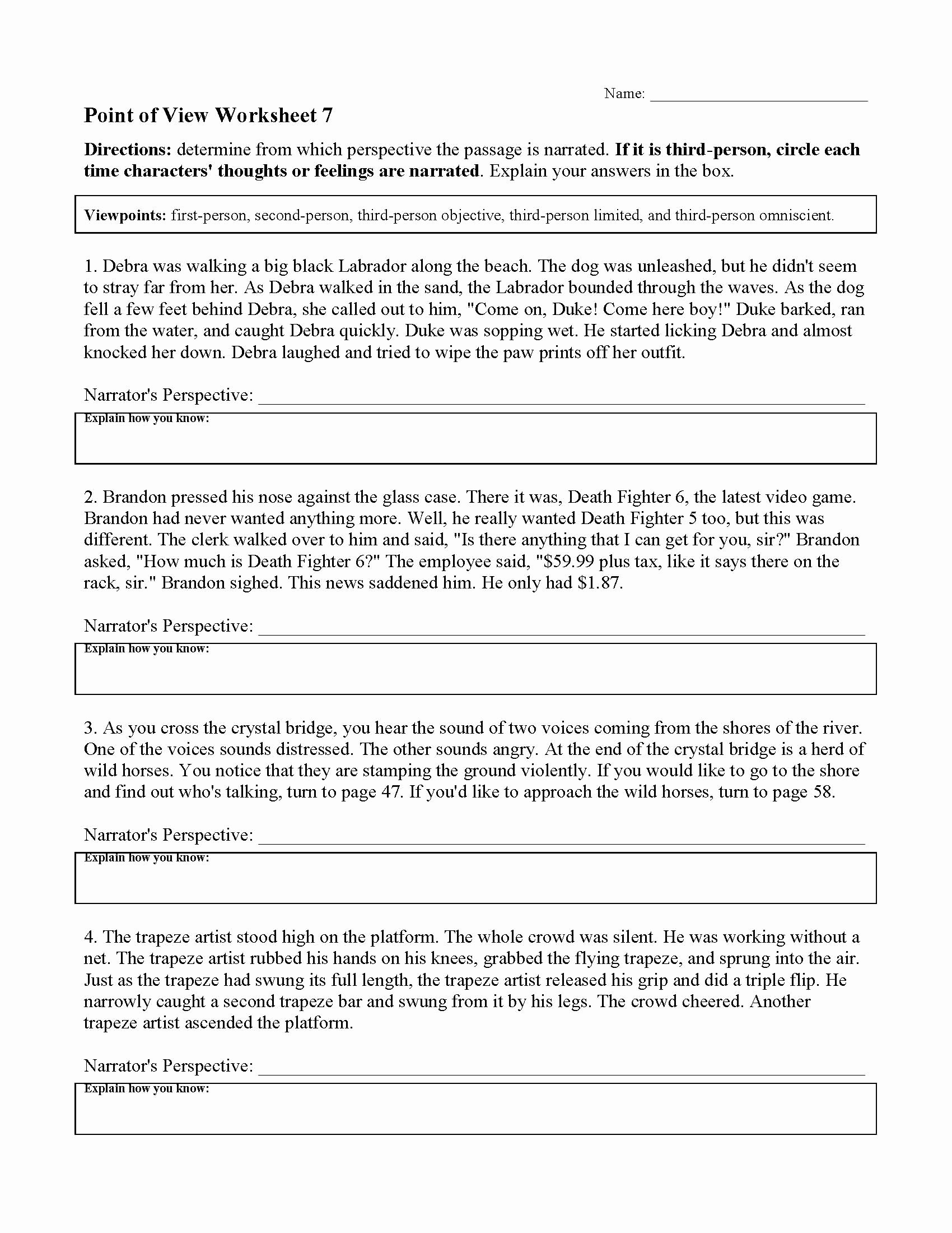 Point Of View Worksheet Unique Point Of View Worksheet 7