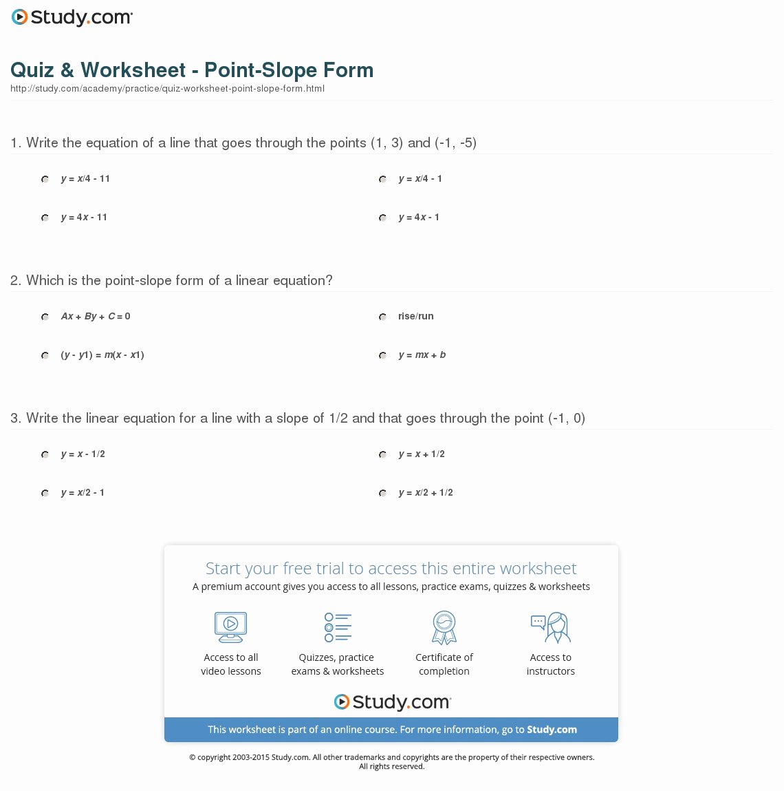 Point Slope form Practice Worksheet Inspirational Quiz &amp; Worksheet Point Slope form