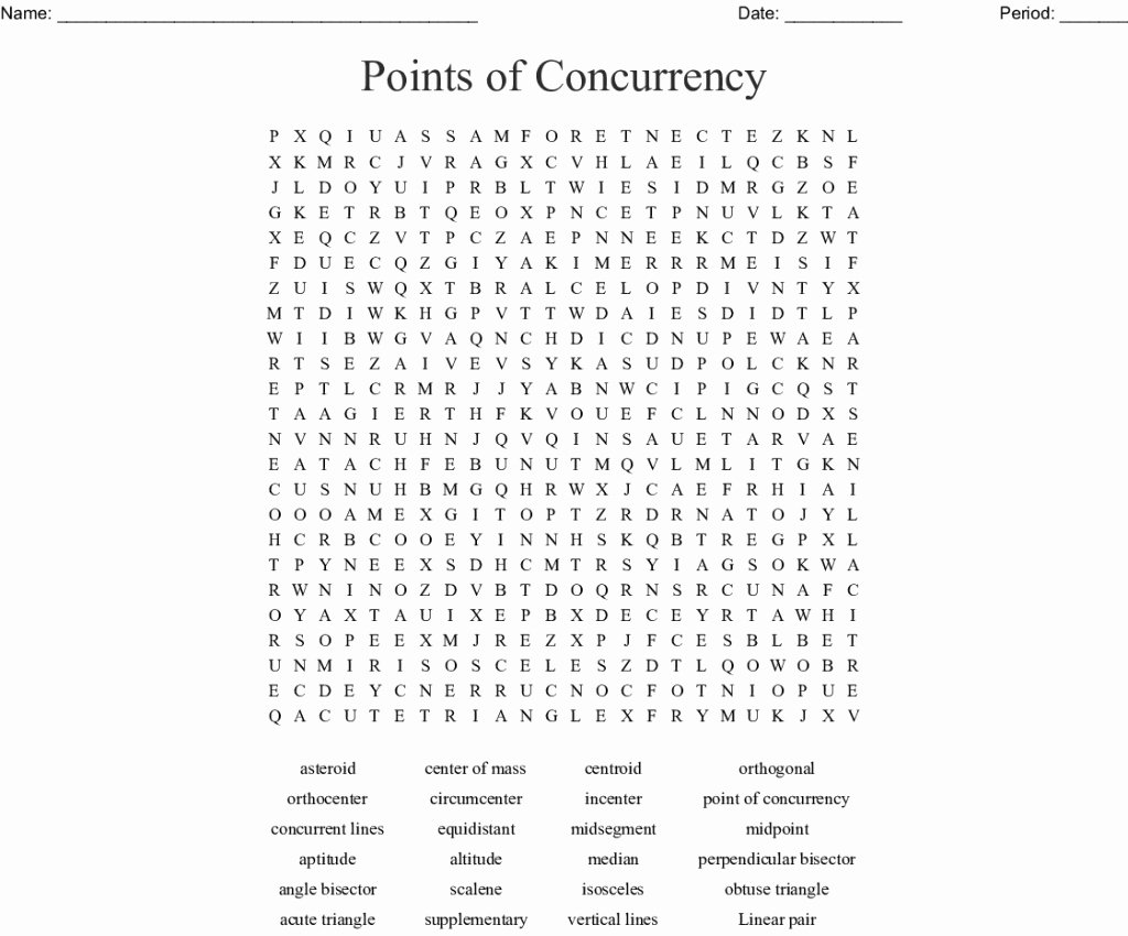 Points Of Concurrency Worksheet Answers Unique Unbelievable Points Concurrency Word Search Wordmint
