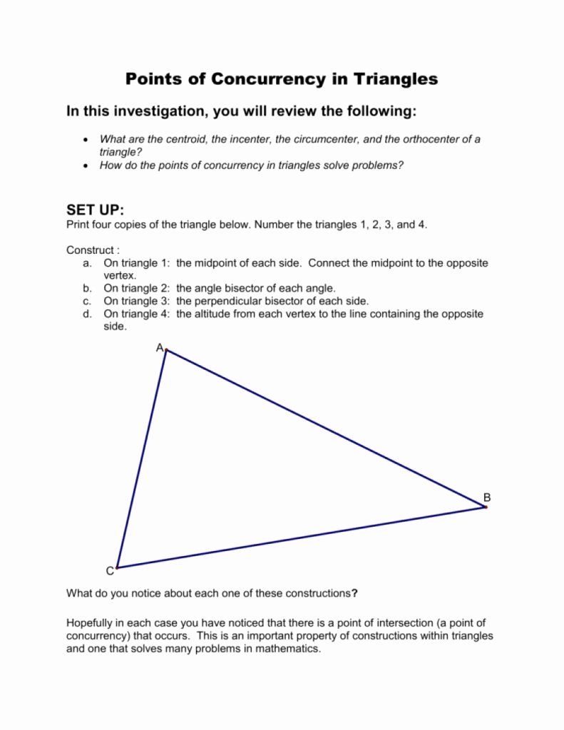 Points Of Concurrency Worksheet Unique Cool Points Concurrency In Triangles which Exists In by