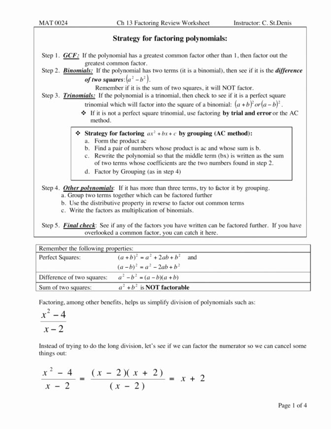 Polynomial Long Division Worksheet Beautiful Factoring Review Worksheet