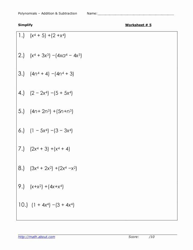 Polynomial Word Problems Worksheet Beautiful Polynomials Addition and Subtraction Worksheet for 9th