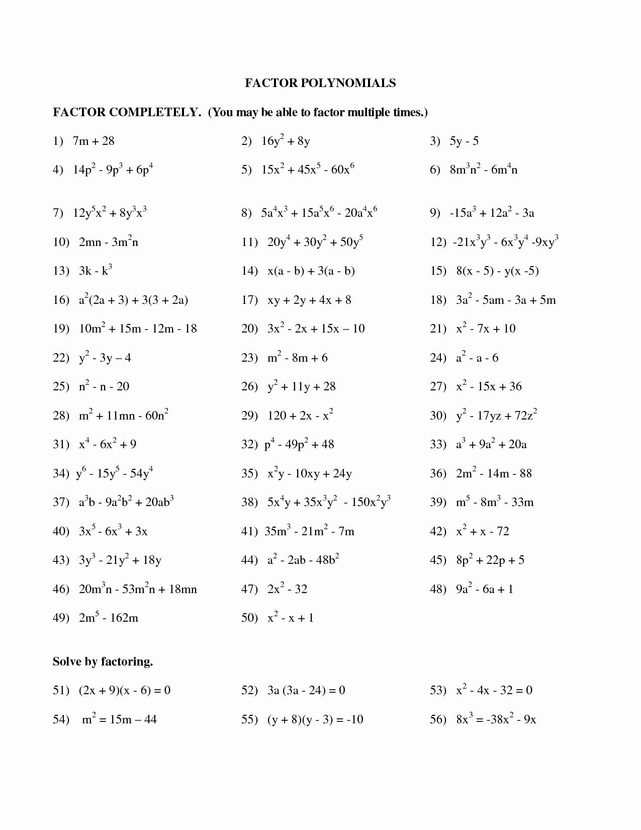 Polynomials Worksheet with Answers Best Of 10 Best Of Factoring Polynomials Practice Worksheet
