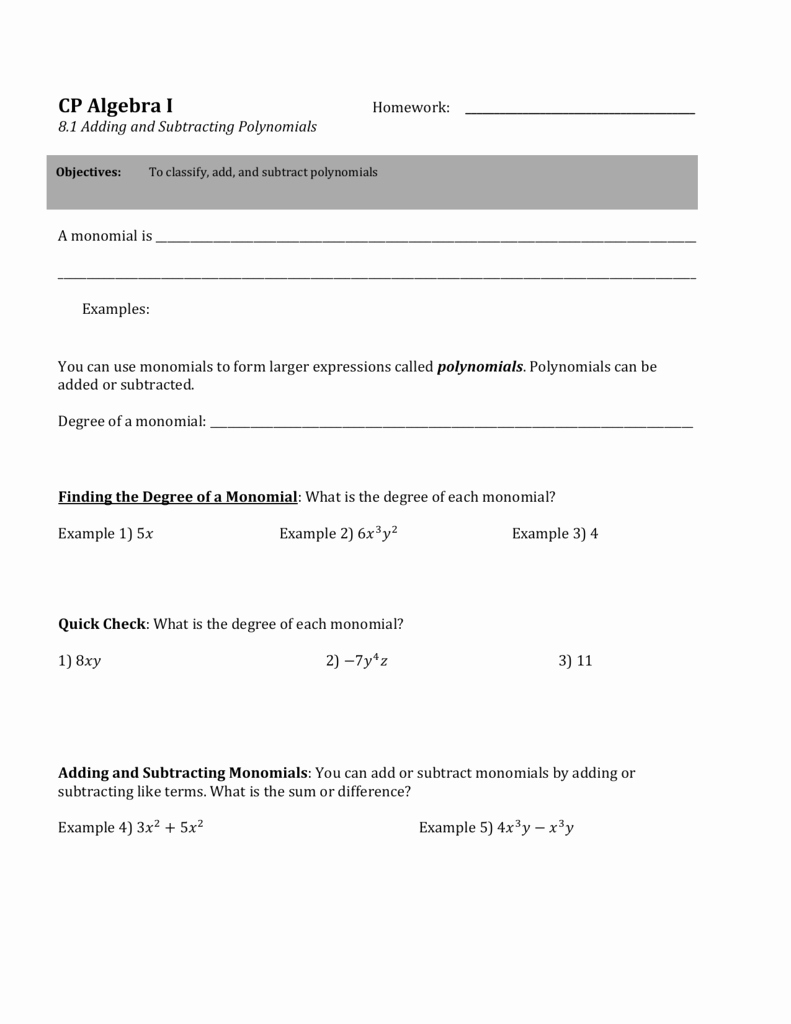 Polynomials Worksheet with Answers Best Of Classifying Adding and Subtracting Polynomials Worksheet